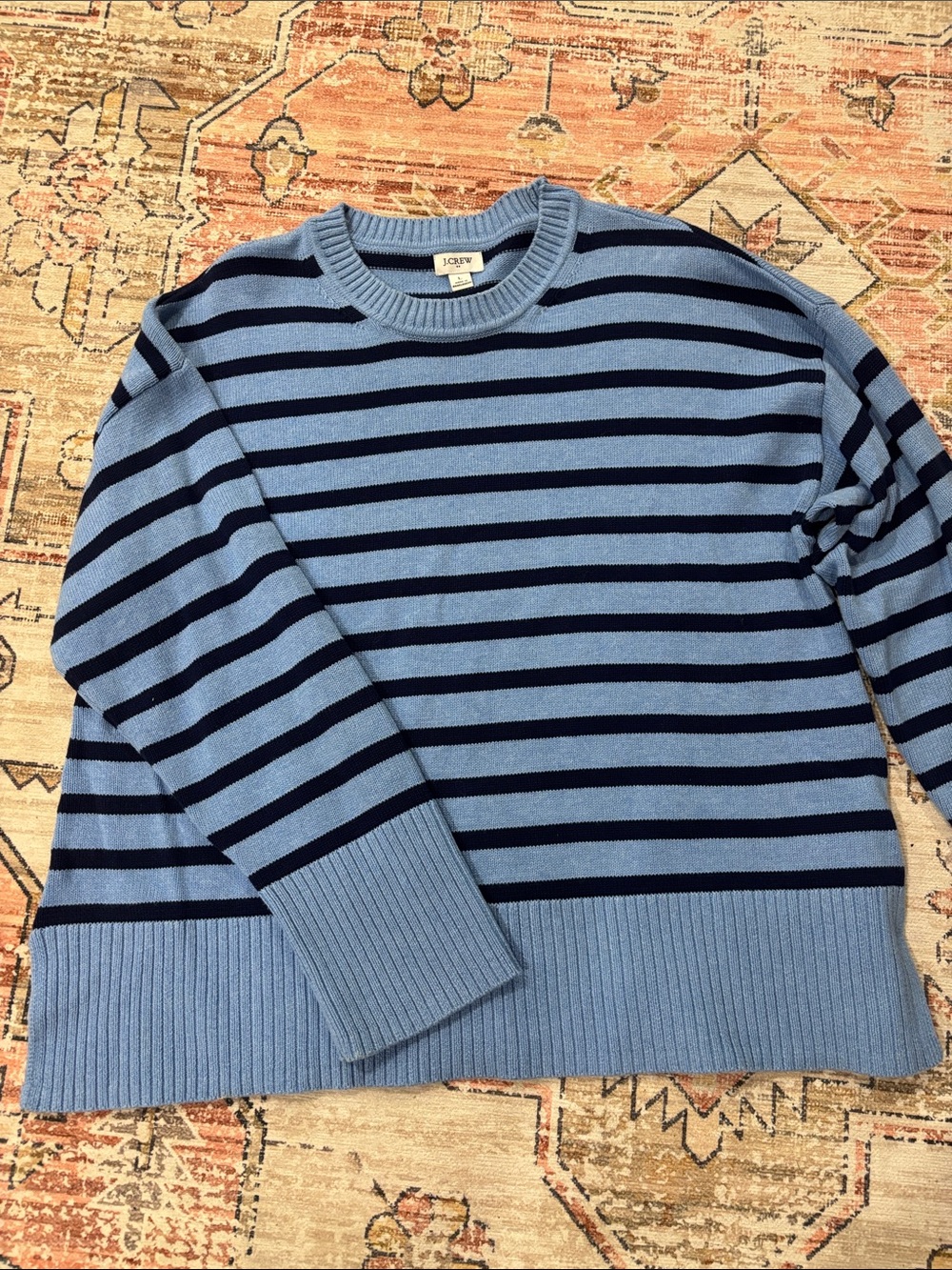J. Crew Light Blue and Navy Striped Crewneck Sweater